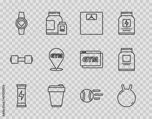 Set line Sports nutrition, Kettlebell, Bathroom scales, Fitness shaker, Smartwatch, Location gym, Tennis ball and icon. Vector