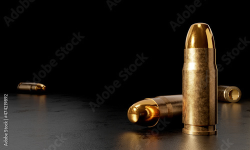 Foto 3d render illustration of a pistol ammunition on dark background
