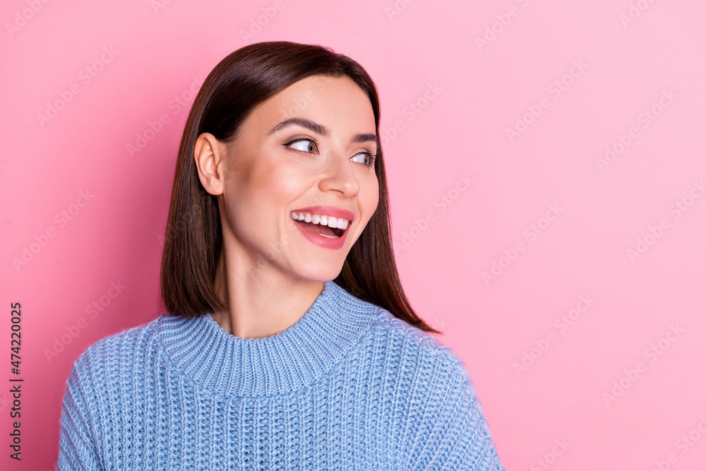 Portrait of attractive dreamy shine cheerful brunet girl looking aside having fun copy blank space isolated over pink pastel color background Portrait of attractive dreamy shine cheerful brunet girl looking aside having fun copy blank space isolated over pink pastel color background