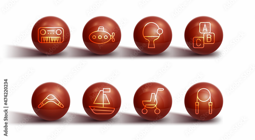 Set line Toy piano, Boomerang, ABC blocks, Baby stroller, boat, Submarine toy, Jump rope and Racket and ball icon. Vector Set line Toy piano, Boomerang, ABC blocks, Baby stroller, boat, Submarine toy, Jump rope and Racket and ball icon. Vector