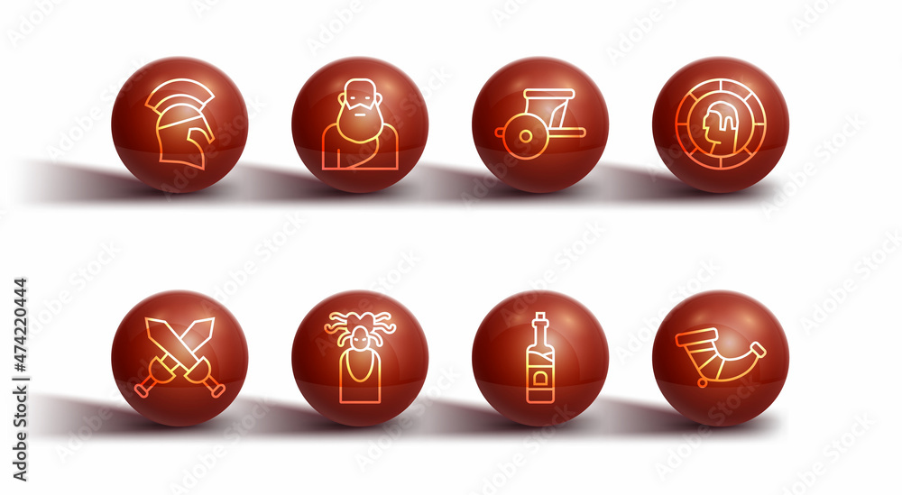 Set line Greek helmet, Crossed medieval sword, Ancient coin, Bottle of wine, Medusa Gorgon, Socrates, Hunting horn and chariot icon. Vector Set line Greek helmet, Crossed medieval sword, Ancient coin, Bottle of wine, Medusa Gorgon, Socrates, Hunting horn and chariot icon. Vector