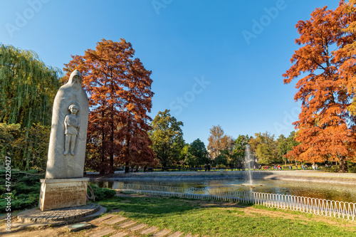 Novi Sad, Serbia - October 29, 2021: Danube Park or (Serbian: Dunavski Park) is an urban park in the downtown of Novi Sad. Formed in 1895, it is protected and is one of the symbols of the city. photo