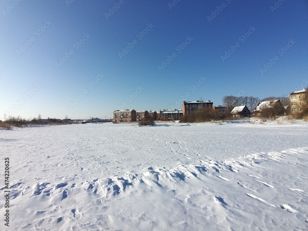 Winter field snow footprints nature