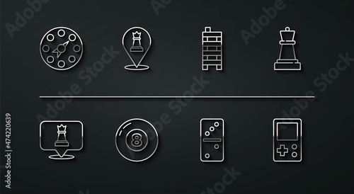 Set line Twister game, Chess, Domino, Billiard pool snooker ball, Tetris and Mahjong pieces icon. Vector