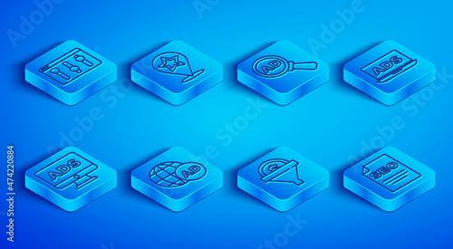 Set line Browser setting, Map pointer with star, Advertising, Lead management, and SEO optimization icon. Vector