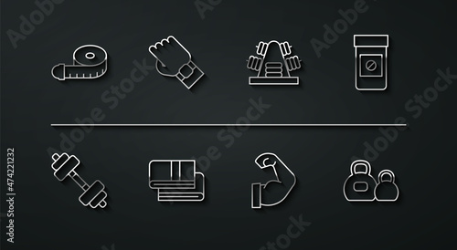 Set line Tape measure, Dumbbell, Anabolic drugs, Bodybuilder muscle, Towel stack, Smart watch on hand, Kettlebell and Metal rack with weights icon. Vector