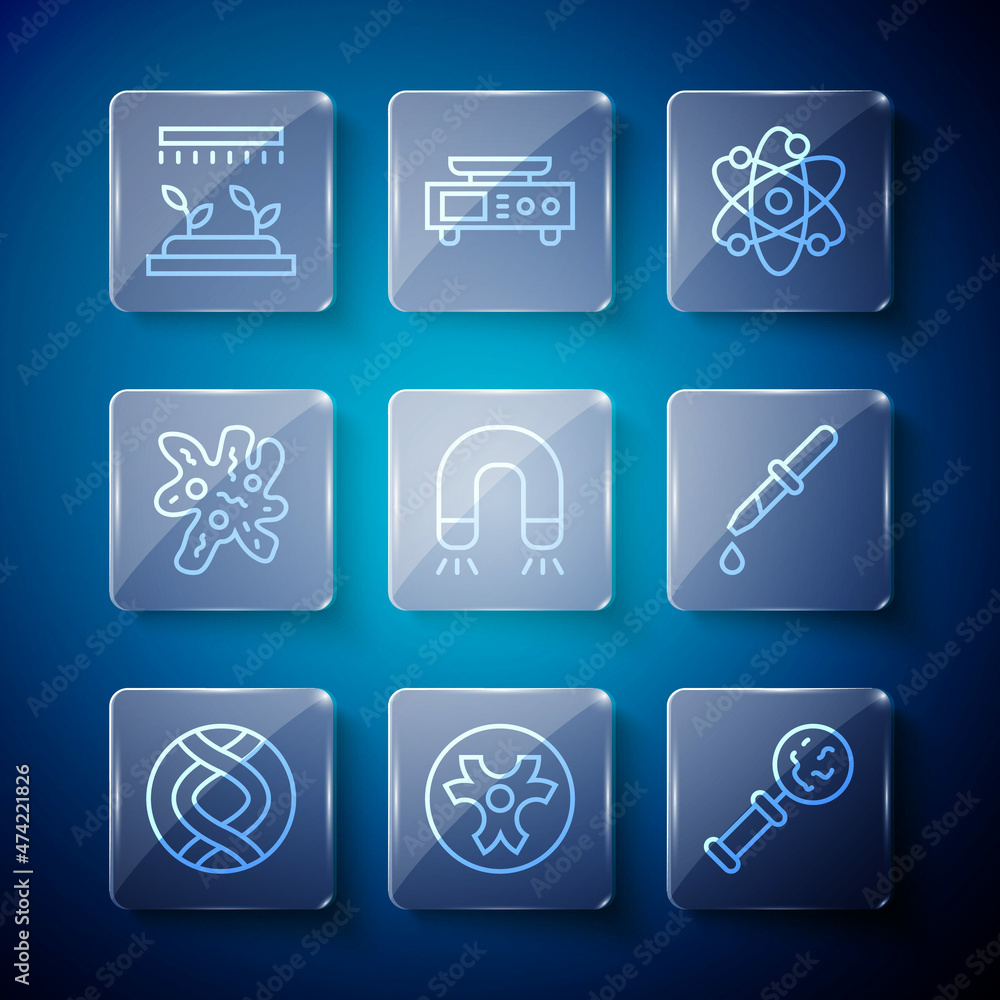 Set line DNA symbol, Biohazard, Microorganisms under magnifier, Atom, Magnet, Cell, Automatic irrigation sprinklers and Pipette icon. Vector Set line DNA symbol, Biohazard, Microorganisms under magnifier, Atom, Magnet, Cell, Automatic irrigation sprinklers and Pipette icon. Vector
