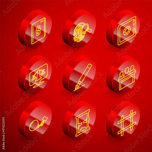 Set line Law book, Fingerprint, Safe, Scales of justice, Fountain pen nib, Jurors, Ball on chain and Old hourglass icon. Vector