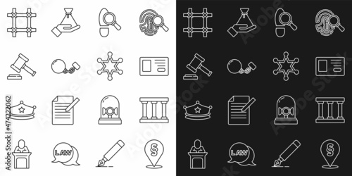 Set line Location law, Prison window, Identification badge, Footsteps, Ball chain, Judge gavel, and Hexagram sheriff icon. Vector