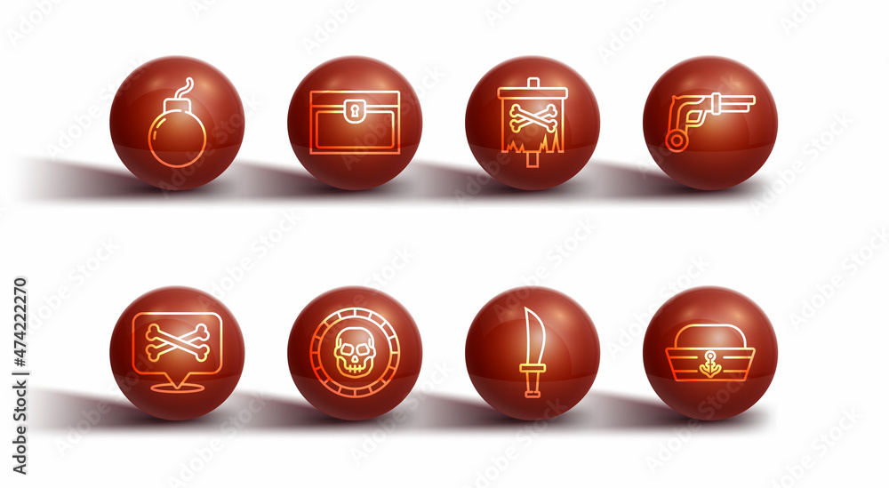 Set line Bomb ready to explode, Location pirate, Vintage pistols, Pirate sword, coin, Antique treasure chest, Sailor hat and flag icon. Vector Set line Bomb ready to explode, Location pirate, Vintage pistols, Pirate sword, coin, Antique treasure chest, Sailor hat and flag icon. Vector