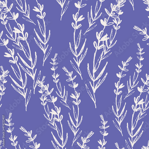 Seamless pattern with lavender plants, trendy blue with violet-red undertone, colors of the year 2022