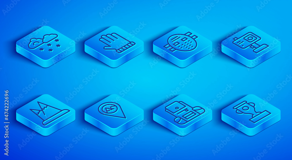 Set line Cloud with snow, Christmas mitten, Hockey mask, Location mountain, Hiking backpack, Action camera, Mountains and Award cup icon. Vector Set line Cloud with snow, Christmas mitten, Hockey mask, Location mountain, Hiking backpack, Action camera, Mountains and Award cup icon. Vector