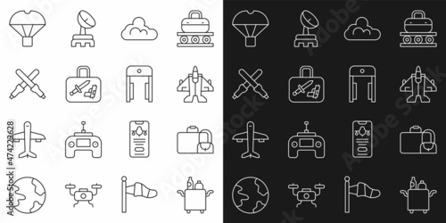 Set line Trolley for food, Suitcase, Jet fighter, Cloud weather, Marshalling wands, Box flying on parachute and Metal detector airport icon. Vector