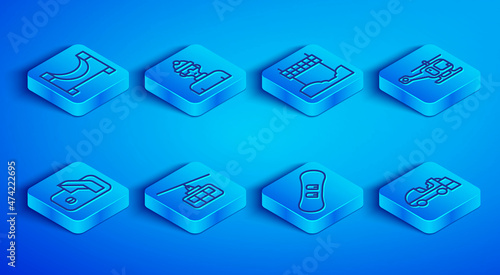 Set line Skate park, Winter athlete, Ribbon finishing line, Cable car, Snowboard, Rescue helicopter, Ice hockey goal and resurfacer icon. Vector