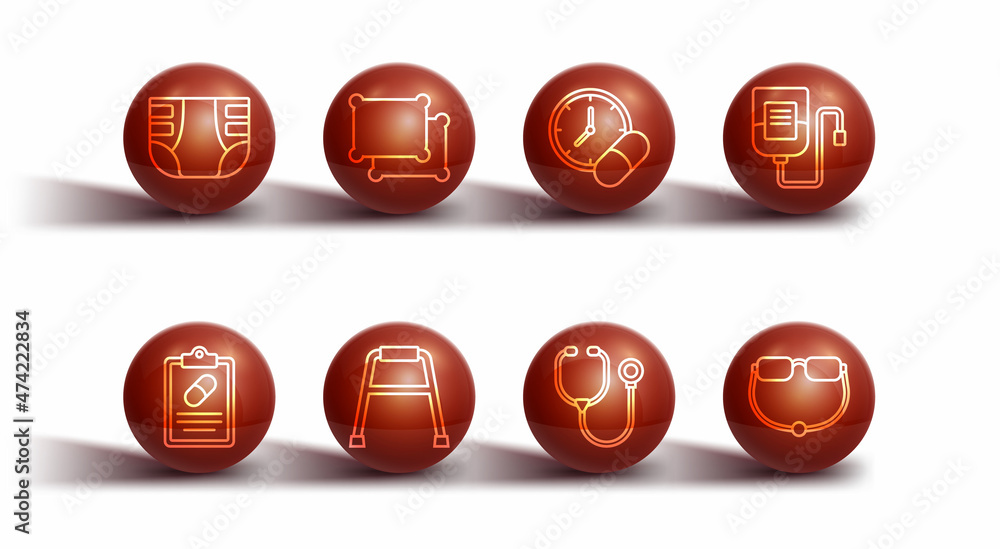 Set line Adult diaper, Medical prescription, IV bag, Stethoscope, Walker, Pillow, Eyeglasses and Medicine pill or tablet icon. Vector