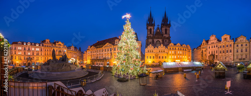 Panoramic view of the Christmas market at the Old Town Square in Prague, Czech Republic