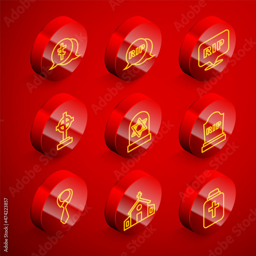 Set line Grave with cross, Speech bubble rip death, star of david, Tombstone RIP written, Tie and Church building icon. Vector