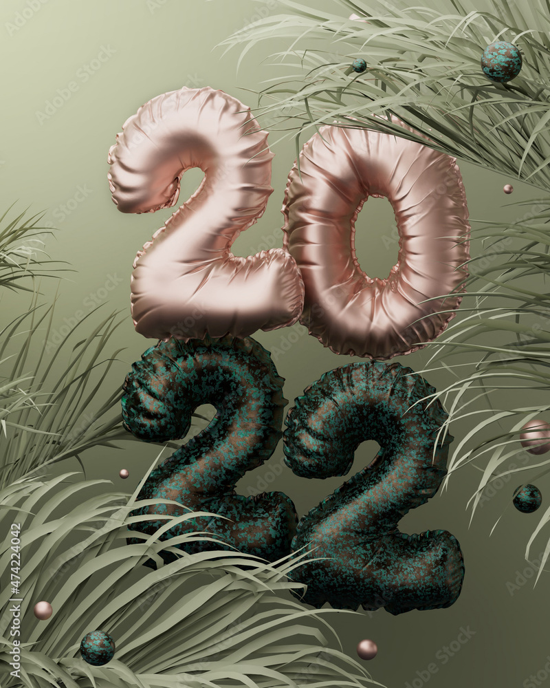 New year 2022 3d render illustration. Creative tropical scene in green, gold copper colors. Template with space for text. Christmas greeting card. Social media post New year 2022 3d render illustration. Creative tropical scene in green, gold copper colors. Template with space for text. Christmas greeting card. Social media post