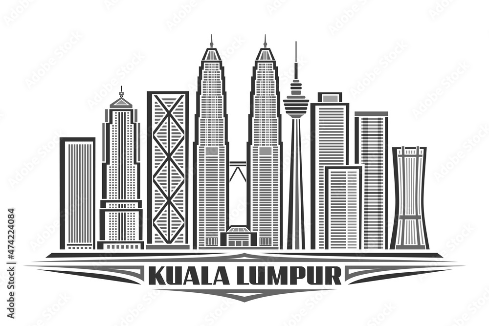 Vector illustration of Kuala Lumpur, monochrome horizontal poster with linear design asian city scape, urban line art concept with unique decorative letters for words kuala lumpur on white background