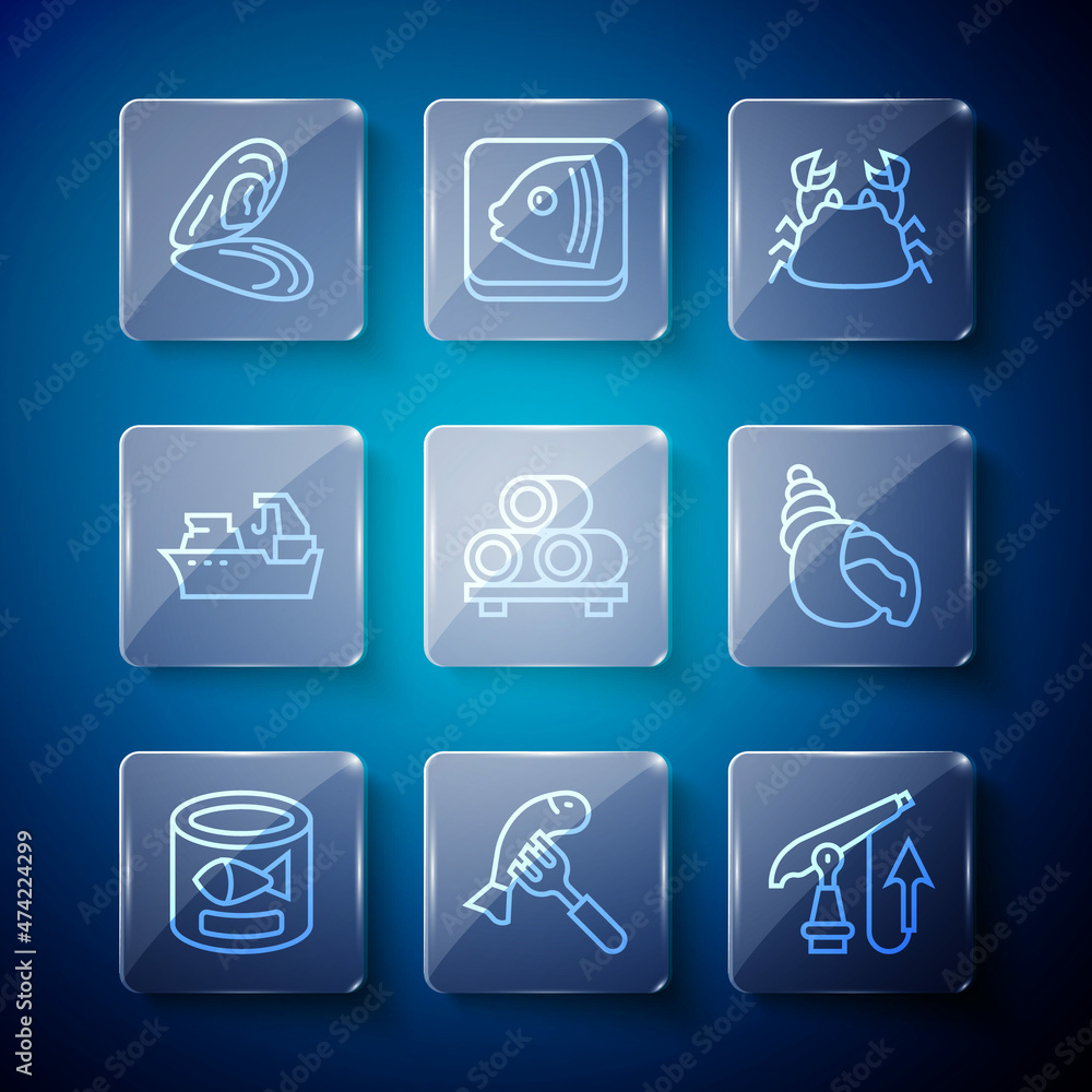 Set line Canned fish, Served on plate, Fishing harpoon, Crab, Sushi cutting board, boat, Mussel and Scallop sea shell icon. Vector Set line Canned fish, Served on plate, Fishing harpoon, Crab, Sushi cutting board, boat, Mussel and Scallop sea shell icon. Vector