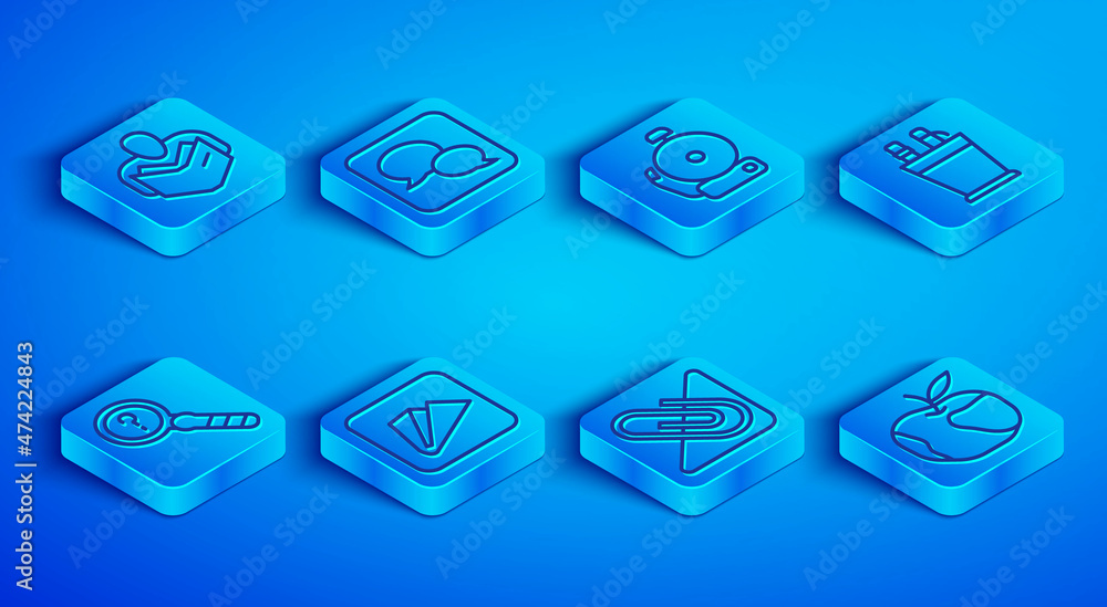 Set line Man reading book, Speech bubble chat, Ringing alarm bell, Paper airplane, clip, Pencil case stationery, Unknown search and Apple icon. Vector Set line Man reading book, Speech bubble chat, Ringing alarm bell, Paper airplane, clip, Pencil case stationery, Unknown search and Apple icon. Vector