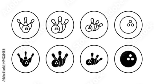 Bowling icons set. bowling ball and pin sign and symbol.