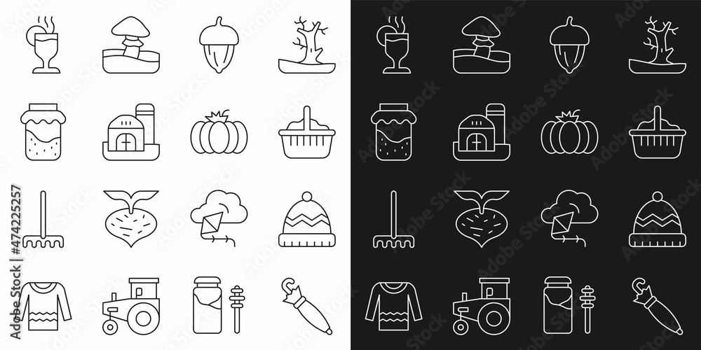 Set line Umbrella, Winter hat, Basket, Acorn, Farm house, Jam jar, Mulled wine and Pumpkin icon. Vector