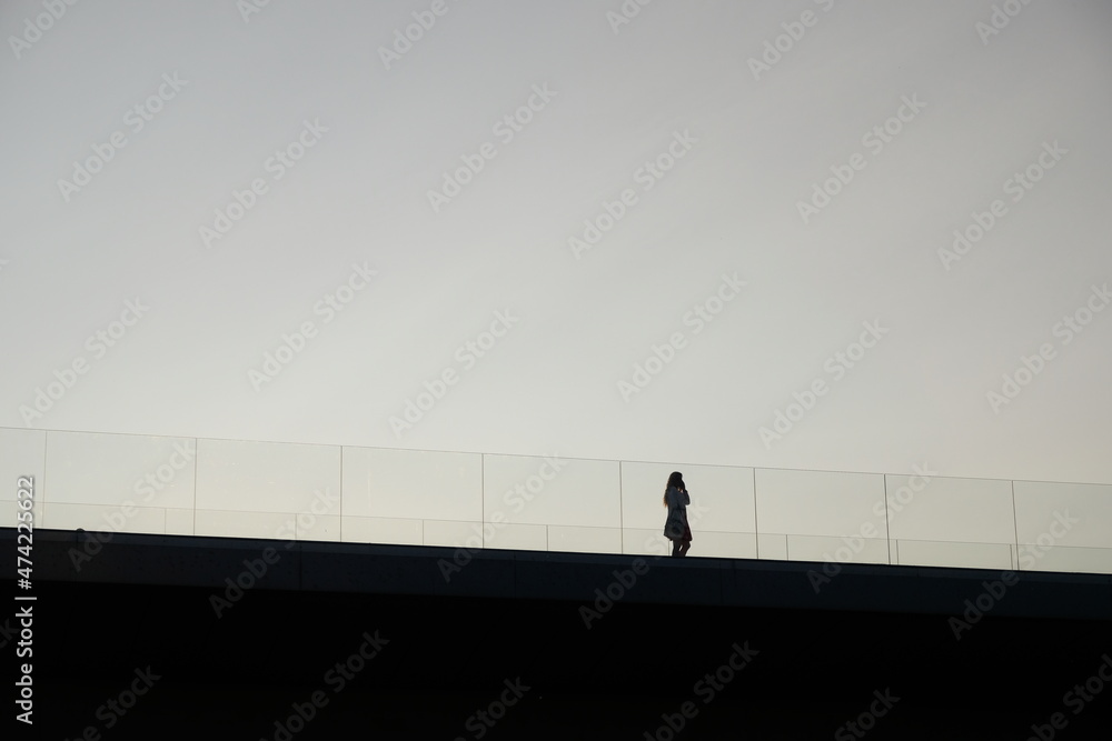 silhouette of a female walking on a bridge