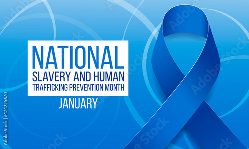National slavery and human trafficking prevention month concept. Banner with blue ribbon awareness and text. Vector illustration.