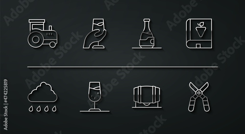 Set line Tractor, Cloud with rain, Book about grapes, Wooden barrel for wine, Wine glass, tasting, degustation, Gardening scissors and Bottle of icon. Vector