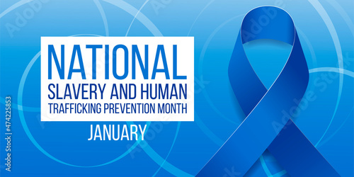 National slavery and human trafficking prevention month concept. Banner with blue ribbon awareness and text. Vector illustration.