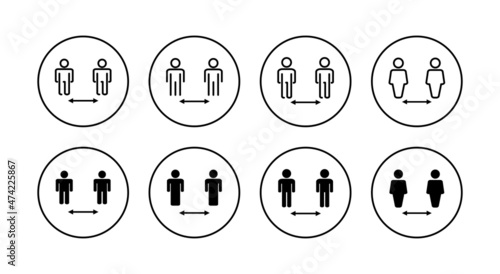 Social distance icons set. social distancing sign and symbol. self quarantine sign