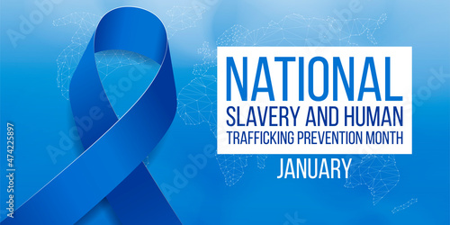 National slavery and human trafficking prevention month concept. Banner with blue ribbon awareness and text. Vector illustration.