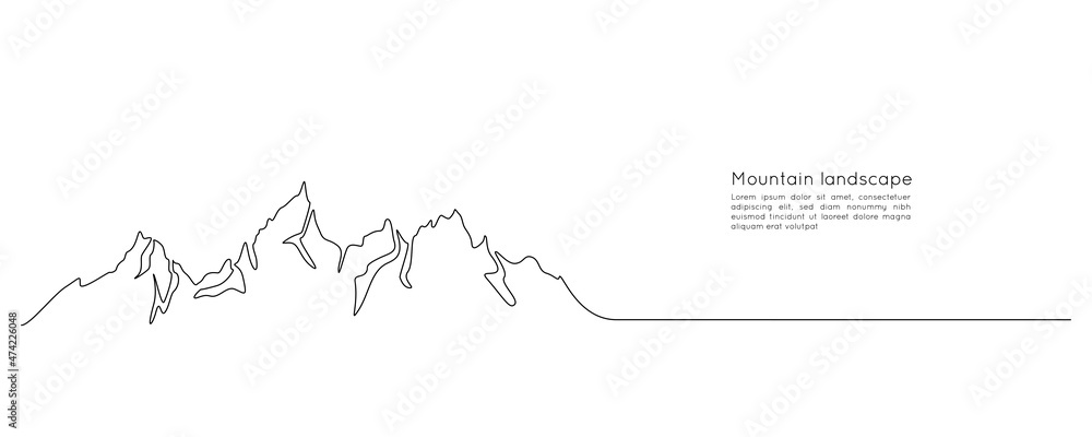 One continuous line drawing of mountain range landscape. Minimalistic skyline with mounts peak in simple linear style. Adventure winter sports concept isolated on white. Doodle vector illustration