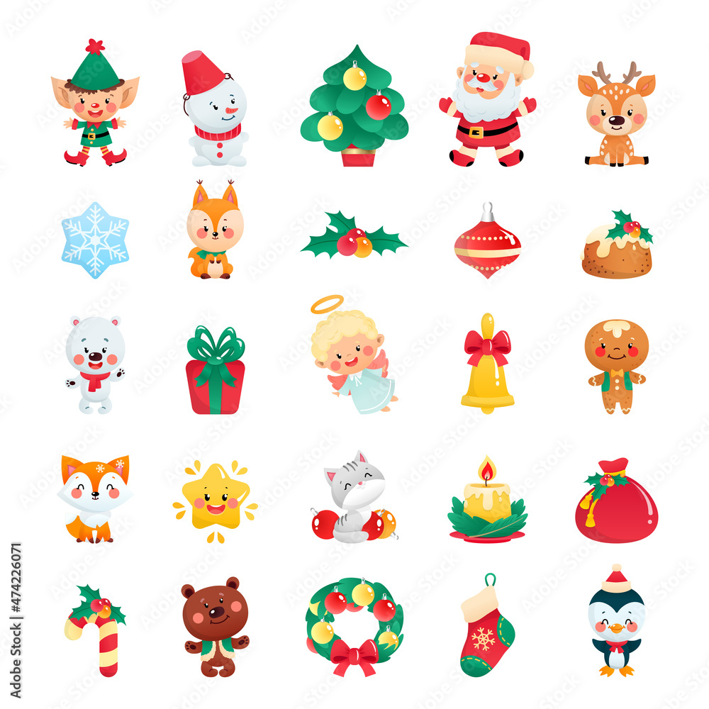 Set of cute cartoon Christmas icons. Collection of funny winter holiday characters and symbols isolated on a white background. Vector illustration 10 EPS.