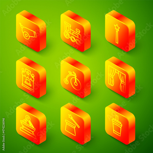 Set line Cannon, Toy train, Magic wand, Ticket box office, Vintage bicycle, Circus curtain raises, Boat swing and hat icon. Vector