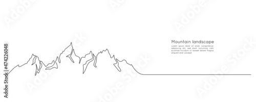 One continuous line drawing of mountain range landscape. Minimalistic skyline with mounts peak in simple linear style. Adventure winter sports concept isolated on white. Doodle vector illustration