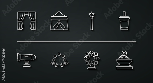 Set line Circus curtain raises, Swing plane, Paper glass with water, Ferris wheel, Juggling ball, tent, Boat swing and Magic wand icon. Vector