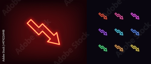 Outline neon decrease arrow icon. Glowing neon decline chart sign, downward arrow pictogram in vivid colors
