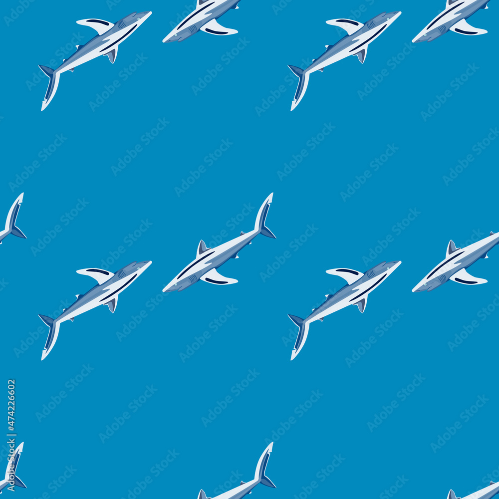 Seamless pattern Blue shark on bright blue background. Texture of marine fish for any purpose. Seamless pattern Blue shark on bright blue background. Texture of marine fish for any purpose.