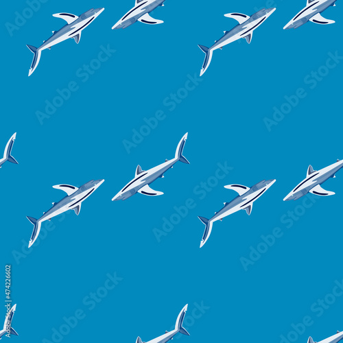 Seamless pattern Blue shark on bright blue background. Texture of marine fish for any purpose.