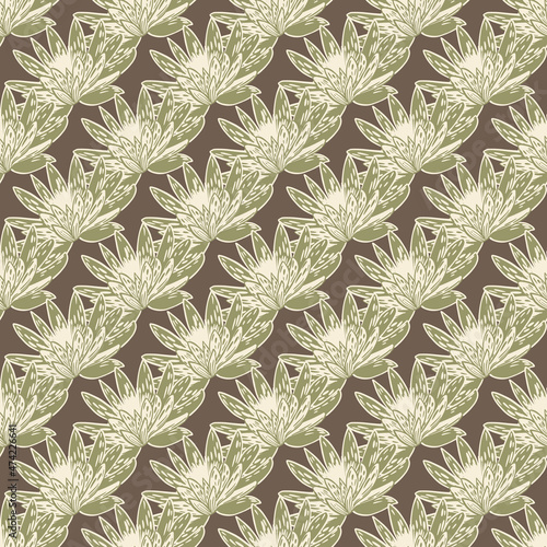 Seamless pattern with hand drawing lotus on brown background. Vector floral template in doodle style. Gentle summer botanical texture.