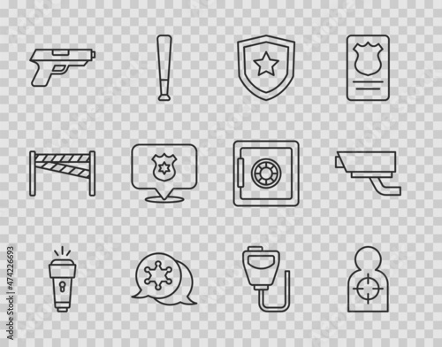 Set line Flashlight, Human target sport for shooting, Police badge, Hexagram sheriff, Pistol gun, Walkie talkie and Security camera icon. Vector