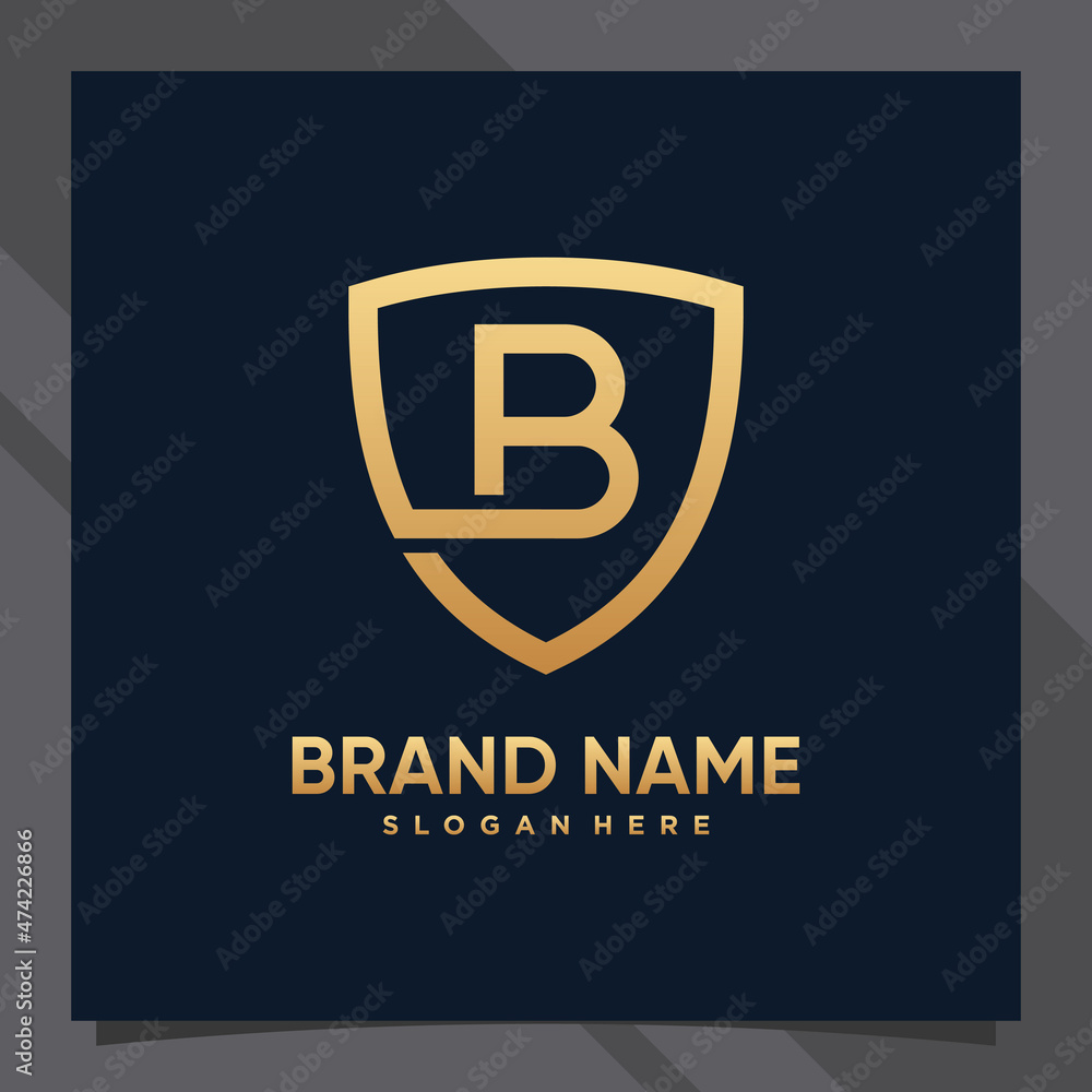 Creative monogram initial letter b with shield concept and golden style color Creative monogram initial letter b with shield concept and golden style color
