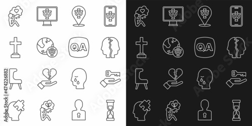 Set line Old hourglass, Solution to the problem, Bipolar disorder, Psychology, Psi, Graves funeral sorrow, Head with heart and Question and Answer icon. Vector