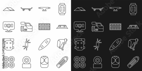 Set line Skateboard deck, helmet, stairs with rail, wheel, Cinema camera, park and icon. Vector