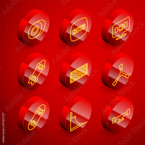 Set line Skateboard wheel, Longboard or skateboard, Y-tool, and park icon. Vector