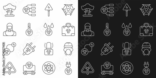 Set line Radiation electrical plug, Nuclear reactor worker, nuclear suitcase, High voltage sign, Meteorology thermometer, explosion and Acid rain and radioactive cloud icon. Vector