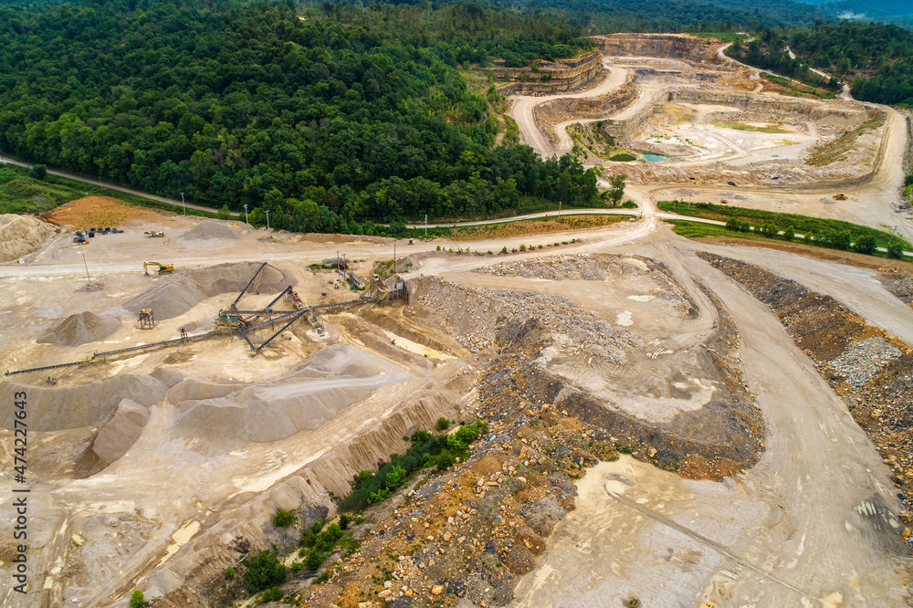 Massive Aggregate Quarry Aerial Ohio River Valley - Mining Equipment - Landscape