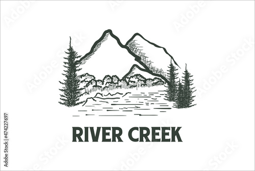 Mountain with River Creek and Pine Evergreen Conifer Fir Cypress Larch Trees Forest Logo Design Vector